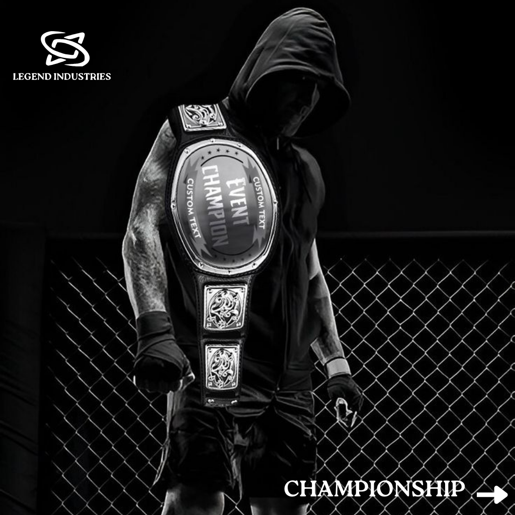 "Legend Industries championship belt with premium design, gold detailing, and customizable plates for combat sports and events."