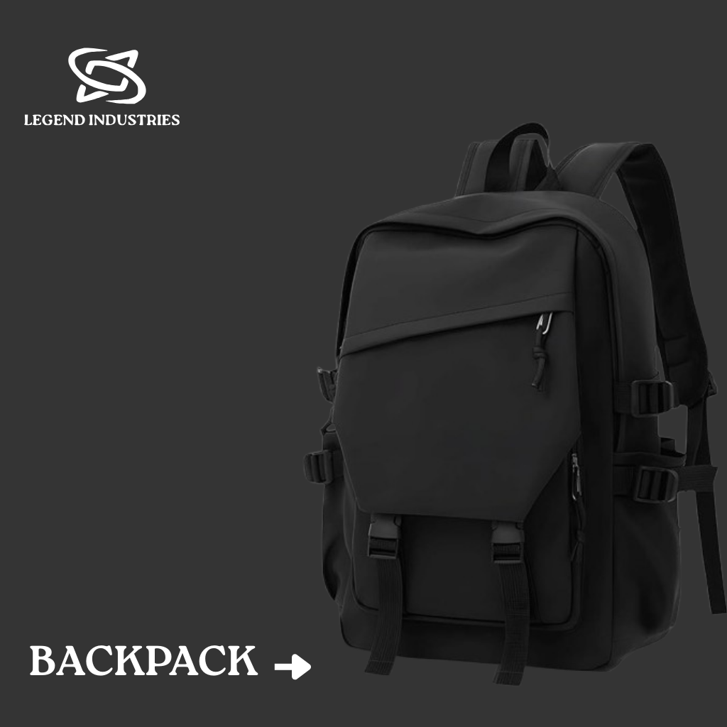 "Legend Industries backpack with durable fabric, multiple compartments, and ergonomic design for travel, school, or gym use."