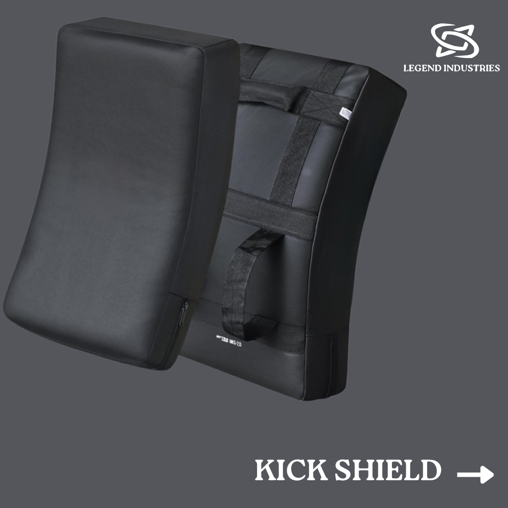 "Legend Industries kick shield with heavy-duty padding and reinforced handles for MMA, Muay Thai, and kickboxing training."