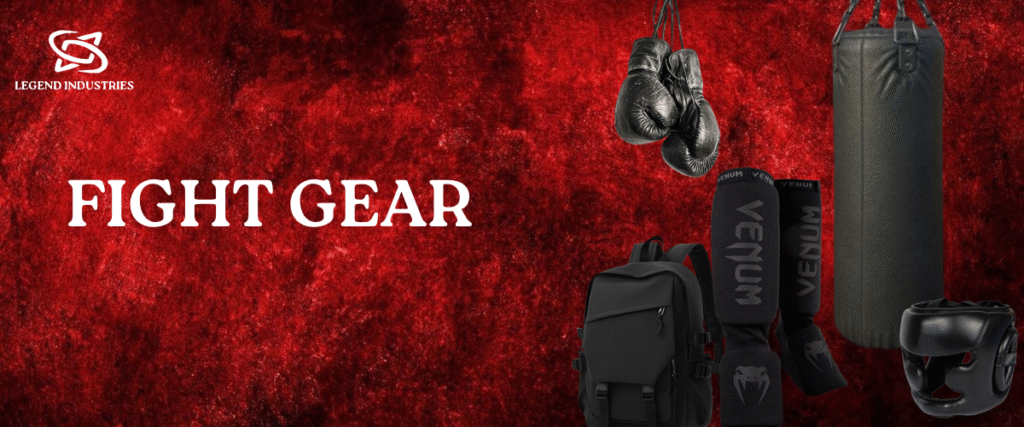 "Legend Industries complete fight gear collection including MMA gloves, shin guards, kick shields, and protective equipment for training and competition."